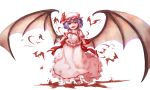  bat_wings blue_hair chkai2281 commentary dress fang fangs highres large_wings looking_at_viewer open_mouth red_eyes remilia_scarlet short_hair simple_background smile teeth the_embodiment_of_scarlet_devil touhou white_background white_dress wings 