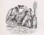 1836 19th_century accipitriform ancient_art anthro avian bird bottle bound chain chained clothing container cross-hatching eyewear french_text glasses hat hatching_(art) headgear headwear hi_res holding_object holding_scissors human inkwell jean_grandville male mammal monochrome newspaper on_knee protecting public_domain scissors shaded text threatening traditional_media_(artwork) vulture wearing_glasses