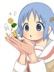  1girl :o blue_eyes blue_hair commentary_request cube_hair_ornament hair_ornament hands_up kamakura_(nichijou) kumomadori light_blush mogura_(nichijou) naganohara_mio naganoharamiomio nichijou sailor_collar school_uniform short_hair short_twintails simple_background solo tokisadame_school_uniform twintails white_background white_sailor_collar 