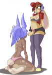  blue_hair blush breasts clothed clothing dickgirl duo erect_nipples erection female hair half-closed_eyes hands_behind_back headphones intersex kneeling lagomorph legwear looking_down mammal nipples pedverse purple_eyes rabbit red_hair simple_background standing thong uncircumsized underwear white_background 