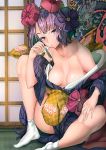  black_hair black_kimono breasts calligraphy_brush cleavage cum fate/grand_order fate_(series) hair_ornament japanese_clothes katsushika_hokusai_(fate/grand_order) kimono looking_at_viewer masuo medium_breasts no_shoes paintbrush purple_eyes sitting socks solo tabi white_legwear 