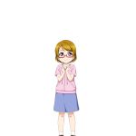  artist_request bangs brown_hair child closed_mouth glasses hood hoodie koizumi_hanayo looking_at_viewer love_live! love_live!_school_idol_festival love_live!_school_idol_project official_art parted_bangs purple_eyes shoes short_hair short_sleeves skirt smile socks solo standing transparent_background white_legwear younger 