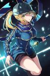  ahoge akae_neo artoria_pendragon_(all) bangs black_footwear black_hat black_shorts blonde_hair blue_jacket blue_scarf boots excalibur fate/grand_order fate_(series) floating_hair green_eyes hair_between_eyes hat highres holding holding_sword holding_weapon jacket long_hair looking_at_viewer mysterious_heroine_x open_mouth ponytail scarf short_shorts shorts solo sword weapon 