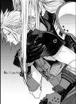  2boys arm_around_neck armor armored_gloves black_jacket blush cloud_strife earrings final_fantasy final_fantasy_vii final_fantasy_vii_remake gradient_background greyscale jacket jewelry long_hair male_focus monochrome multiple_boys parted_bangs parted_lips pauldrons sephiroth short_hair shoulder_armor single_earring single_pauldron sleeveless sleeveless_turtleneck smile spiked_hair suspenders sweat turtleneck upper_body yaoi yunyunonigiri 