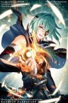  1boy aminww_amingming anaxa_(honkai:_star_rail) aqua_hair blue_eyes english_text eyepatch highres honkai:_star_rail honkai_(series) male_focus medium_hair one_eye_covered pink_pupils side_ponytail solo teeth twitter_username upper_body upper_teeth_only watermark 