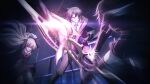  1boy 2girls arms_up black_jacket black_thighhighs blazer blue_hair bow breasts chaos;child chest_bow clenched_teeth closed_eyes cropped_jacket d-sword fighting_stance from_behind from_below game_cg glowing glowing_sword glowing_weapon hair_between_eyes hair_ribbon hekiho_academy hekiho_academy_uniform highres holding holding_sword holding_weapon jacket kurusu_nono lapels long_hair long_sleeves medium_breasts messy_hair miniskirt miyashiro_takuru multiple_girls necktie night night_light notched_lapels official_art onoe_serika orange_hair outdoors pink_hair protecting purple_eyes red_bow red_necktie red_ribbon ribbon sailor_collar sailor_shirt sasaki_mutsumi shadow shirt shoes short_hair short_hair_with_long_locks skirt socks sparks sweat sweatdrop sword sword_clash teeth thick_thighs thighhighs thighs v-shaped_eyebrows v_arms weapon white_sailor_collar 
