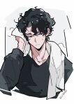  1boy arm_up black_hair black_shirt c138300 closed_mouth collarbone commentary cropped_torso drying drying_hair english_commentary film_grain haikyuu!! highres long_sleeves looking_to_the_side male_focus sakusa_kiyoomi shirt short_hair sideways_glance solo towel towel_around_neck twitter_username v-neck wavy_hair wet wet_hair white_background 