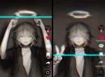  1boy black_jacket brown_hair halo highres jacket looking_at_viewer male_focus open_mouth original page_nak1 shirt short_hair smile solo tiktok upper_body v white_halo white_shirt 