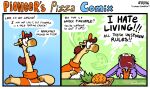 american_opossum anotherartboy anthro apron brown_hair chef clothing comic container dialogue duo english_text eyewear female food fruit fur giraffe giraffid glasses gloves gustava_collolungo hair handwear hat headgear headwear hi_res lizzy_rattington mad_scientist mammal manager marsupial pineapple pizza pizza_box plant purple_body purple_fur sharp_teeth speech_bubble spots teeth text toppings virginia_opossum work_uniform yelling yellow_body