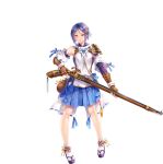 1girl aoba_(sennen_sensou_aigis) artist_request bad_source bare_legs bare_shoulders between_breasts blue_hair breasts fingerless_gloves floral_print flower full_body game_cg gloves gun hair_flower hair_ornament holding holding_weapon musket official_art purple_eyes sennen_sensou_aigis solo strap_between_breasts third-party_source transparent_background weapon 