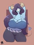  2018 absurd_res arms_above_head big_breasts breasts dandy_demons demon devilchild female hair hair_over_eyes hi_res horn huge_breasts humanoid mature_female mother not_furry parent peculiart smile solo sue_(peculiart) 