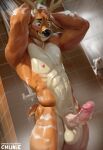 2024 anthro bathing blush chunie deer digital_media_(artwork) duo erection felid foreskin genitals hi_res humanoid_genitalia humanoid_penis looking_down male mammal muscular muscular_anthro muscular_male nipples nude pantherine penis retracted_foreskin showering solo_focus suds tiger