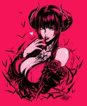  1girl artist_name blood blood_on_face breasts cleavage demon_horns detached_sleeves eliza_(tekken) fingernails highres horns kanta-kun large_breasts limited_palette lipstick looking_at_viewer makeup pink sharp_fingernails short_hair signature solo source_request tattoo tekken tekken_7 vampire 