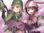  backpack bag bangs blunt_bangs brown_hair bullpup commentary_request dual_wielding elbow_pads fukaziroh_(sao) fur-trimmed_gloves fur_trim gloves grenade_launcher gun hat helmet holding holding_gun holding_weapon jacket knife knife_in_hair llenn_(sao) load_bearing_vest long_sleeves mgl mgl-140 military military_uniform multiple_girls nekotama_(artist) open_mouth p-chan_(p-90) p90 pants pink_eyes pink_gloves pink_hat pink_jacket pink_pants rightony_&amp;_leftania short_hair sidelocks smile submachine_gun sword_art_online sword_art_online_alternative:_gun_gale_online trench_knife trigger_discipline uniform weapon yellow_eyes 