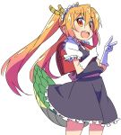  :d backpack bag commentary_request dragon_girl dragon_horns dragon_tail gloves gradient_hair highres horns kobayashi-san_chi_no_maidragon long_hair looking_at_viewer maid maid_headdress multicolored_hair open_mouth orange_eyes orange_hair puffy_short_sleeves puffy_sleeves randoseru roku_no_hito sash short_sleeves smile solo tail tooru_(maidragon) twintails v white_background white_gloves younger 
