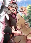  1girl animal animal_on_head black_shirt blue_sky breasts choker dachshund dog dog_on_head fangs fluffy grey_hair heart highres holding holding_animal holding_dog huge_breasts husky long_hair looking_at_viewer multiple_dogs necktie on_head open_mouth pantyhose petting pomeranian_(dog) purple_necktie shiba_natsuki shirt skirt skirt_suit sky smile ss_kabushikigaisha suit too_many too_many_dogs tree yellow_eyes zyugoya 