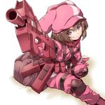 aiming bangs belt bibi brown_hair bullpup commentary_request eyebrows_visible_through_hair gloves grin gun hair_between_eyes hat highres holding holding_gun holding_weapon jacket knee_pads llenn_(sao) load_bearing_vest looking_at_viewer military military_uniform p-chan_(p-90) p90 pants pink_eyes pink_gloves pink_hat pink_jacket pink_pants short_hair smile solo submachine_gun sword_art_online sword_art_online_alternative:_gun_gale_online uniform weapon 