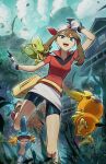  1girl absurdres bandana bird black_shorts blue_eyes blurry blurry_background breasts brown_hair chick group_picture highres jacket leaf lizard long_hair may_(pokemon) medium_breasts mudkip orange_feathers outdoors pokemon pokemon_rse red_bandana red_jacket ryairyai shorts skirt standing standing_on_one_leg torchic treecko white_skirt 
