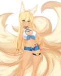  :q absurdres ahoge animal_ears bare_shoulders bell bell_choker bikini_tan black_choker blonde_hair bracelet breasts choker cleavage_cutout commission fox_ears fox_tail green_eyes hair_between_eyes hand_on_hip heart_tattoo heterochromia highres jewelry jingle_bell jjickjjicke kyuubi large_breasts long_hair looking_at_viewer micro_shorts multiple_tails navel original shorts simple_background solo stomach tail tan tanline tattoo thigh_strap tongue tongue_out unbuttoned v-shaped_eyebrows very_long_hair whisker_markings white_background yellow_eyes 