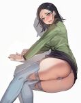  1girl ass ass_focus black_hair black_skirt blue_eyes blue_eyeshadow blush boots bow_(bhp) breasts commentary comoli_harcourt embarrassed eyeshadow feet_out_of_frame forehead from_below from_side furrowed_brow green_jacket gundam gundam_gquuuuuux highres jacket long_sleeves looking_at_viewer makeup medium_breasts medium_hair military_jacket military_uniform miniskirt mole mole_under_eye multicolored_eyes open_mouth panties parted_bangs pencil_skirt shadow simple_background skirt solo thigh_boots two-tone_eyes underwear white_background white_boots white_panties yellow_eyes 