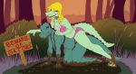  all_fours anthro bea_(nitw) bra bratty_(undertale) clothing crocodile crocodilian duo english_text fangs female female/female greasymojo_(artist) hair looking_at_viewer looking_back messy mud night_in_the_woods open_mouth outside panties reptile scalie sign smile text tree unamused undertale underwear video_games 
