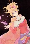  1girl bare_shoulders black_background blonde_hair blue_eyes breasts cape carmen_erla closed_mouth detached_sleeves dress earrings final_fantasy final_fantasy_vi hair_bobbles hair_ornament hair_ribbon highres jewelry long_hair medium_breasts orange_cape pantyhose parted_bangs ponytail red_dress red_sleeves ribbon sash solo star_(sky) starry_sky_background strapless strapless_dress terra_branford tube_dress upper_body waist_sash wavy_hair 
