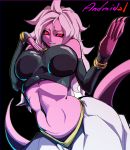  android_21 black_nails black_sclera bracelet breasts commentary_request detached_sleeves dragon_ball dragon_ball_fighterz fighting_stance harem_pants jewelry large_breasts long_hair looking_at_viewer majin_android_21 nail_polish neck_ring pants pink_hair pink_skin pointy_ears pungter red_eyes solo stomach strapless tail tubetop 