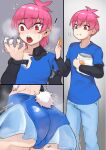 alarmed anthro blue_clothing blue_shirt blue_topwear bottomwear breast_expansion breasts butt butt_expansion claws clothing clothing_transformation denim denim_bottomwear denim_clothing eating eating_food expansion fan_character fur gender_transformation hair hi_res human jeans lagomorph leporid long_sleeve_shirt mammal mtf_transformation multicolored_clothing multicolored_shirt multicolored_topwear open_mouth pants pink_eyes pink_hair rabbit red_eyes scut_tail shirt short_tail solo tail topwear toribako transformation two_tone_clothing two_tone_shirt two_tone_topwear white_body white_fur