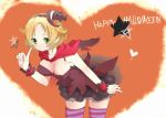  bel_(pokemon) bent_over blonde_hair blush breasts cleavage commentary_request dress english green_eyes halloween hat heart kabasaki lolita_fashion open_mouth pointing pokemon pokemon_(game) pokemon_bw pumpkin short_hair solo star thighhighs witch 