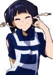  1girl absurdres audio_jack black_eyes blue_track_suit blunt_bangs boku_no_hero_academia closed_eyes earplugs finger_to_face gym_uniform hand_up highres jiro_kyoka long_earlobes ppaparibo purple_hair shirt short_hair smile solo track_suit u.a._gym_uniform white_background 