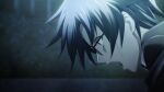  1boy angry black_jacket blazer blue_hair blurry blurry_background chaos;child from_side game_cg gate glasses hair_between_eyes hekiho_academy hekiho_academy_uniform highres jacket miyashiro_takuru official_art open_mouth outdoors purple_eyes sasaki_mutsumi shirt short_hair shouting solo teeth tongue tongue_out upper_teeth_only v-shaped_eyebrows wide-eyed 