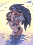 2girls alternate_costume arms_around_neck arms_around_waist bikini black_hair blonde_hair brown_eyes brown_hair closed_eyes crop_top cropped_shirt dark-skinned_female dark_skin flower frilled_shirt frills geeta_(pokemon) grin hair_flower hair_ornament highres hug long_hair looking_at_another lvetica multicolored_hair multiple_girls ocean off-shoulder_shirt off_shoulder original shirt short_hair smile streaked_hair sun swimsuit two-tone_hair u_u wading water wet white_shirt yuri 