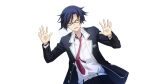  1boy belt black_jacket black_pants blazer blue_hair chaos;child closed_eyes collared_shirt concentrating dutch_angle floating_neckwear game_cg glasses hands_up hekiho_academy hekiho_academy_uniform highres jacket lapels messy_hair miyashiro_takuru necktie notched_lapels official_art open_clothes open_jacket open_mouth pants red_necktie sasaki_mutsumi school_emblem shirt short_hair solo tongue transparent_background v-shaped_eyebrows white_belt white_shirt 