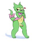  &lt;3 5_fingers balls blush bow clothing girly green_skin iguanasarecool kobold male penis scalie shirt simple_background solo standing tongue white_background yellow_skin 