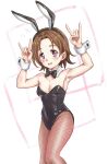  1girl \m/ animal_ear_hairband animal_ears black_bow black_bowtie black_leotard bow bowtie breasts brown_eyes brown_hair brown_pantyhose cowboy_shot detached_collar double_\m/ fake_animal_ears fishnet_pantyhose fishnets flipped_hair girls_und_panzer hairband highres leotard looking_at_viewer medium_breasts pantyhose pele@mix playboy_bunny rabbit_ears sawa_azusa short_hair solo strapless strapless_leotard traditional_media wrist_cuffs 