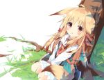  :o ahoge animal_ears backpack bag bangs black_skirt blonde_hair blush brown_eyes brown_hair check_commentary collared_shirt commentary_request dutch_angle eyebrows_visible_through_hair fox_ears fox_girl fox_tail gradient_hair grass kushida_you long_hair looking_at_viewer multicolored_hair neckerchief on_grass original parted_lips red_neckwear shirt sitting skirt solo tail tree v_arms very_long_hair white_background white_shirt 