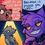 1:1 anthro canid canine canis clothing collar domestic_cat duo felid feline felis fur grey_body grey_fur hi_res katzun katzun_(artist) male mammal purple_body purple_fur red_clothing red_sweater red_topwear sharp_teeth size_difference spiked_collar spikes spotlight_beam sweater teeth topwear trans_(lore) wolf