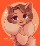2025 4_fingers anthro brown_hair circle_background clothed clothed_anthro clothed_female clothing coat domestic_cat eyebrows eyeshadow felid feline felis female female_anthro fingers flower fur fur_coat hair hi_res lackadaisy lipstick littlevioletart makeup mammal mitzi_may monotone_background pink_eyeshadow pink_inner_ear pink_nose plant red_lipstick simple_background smile solo tan_body tan_fur topwear whiskers white_whiskers yellow_eyes