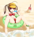 absurdres ahoge anklet azur_lane bad_id bad_pixiv_id bangs bare_arms bare_legs bare_shoulders barefoot beach bikini black_choker blush breasts brown_hair choker collarbone commentary_request eyebrows_visible_through_hair fingernails food green_innertube greentree hairpods halter_top halterneck highres holding holding_food innertube jewelry korean_commentary long_hair looking_at_viewer navel parted_lips partially_visible_vulva ping_hai_(azur_lane) popsicle red_bikini red_eyes sand sidelocks small_breasts solo swimsuit toenails trowel upper_teeth water 