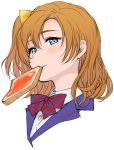  bangs blazer blue_eyes blush bow bowtie bread commentary food food_in_mouth hair_between_eyes hair_bow jacket kate_iwana kousaka_honoka looking_at_viewer love_live! love_live!_school_idol_project medium_hair mouth_hold one_side_up orange_hair otonokizaka_school_uniform portrait red_neckwear school_uniform simple_background solo striped striped_neckwear toast toast_in_mouth white_background yellow_bow 