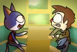 2019 3_fingers animal_crossing anthro arms_bent bench bent_legs black_clothing black_eyes black_footwear black_shoes blue_body blue_bottomwear blue_clothing blue_fur blue_pants blue_tail bottomwear brown_clothing brown_coat brown_hair brown_topwear clothed clothed_anthro clothed_human clothed_male clothing coat colored cookieboy011 digital_drawing_(artwork) digital_media_(artwork) domestic_cat duo english_description featureless_feet featureless_hands feet felid feline felis fingers footwear forest fully_clothed fully_clothed_human fully_clothed_male fur grey_sky hair hand_on_knee hand_on_leg hand_on_own_knee hand_on_own_leg hill human inside_train male male_anthro male_human mammal multicolored_body multicolored_fur nintendo noseless on_bench open_mouth open_smile orange_inner_ear pants pink_eyes pink_tongue plant red_clothing red_nose red_topwear red_vest rover_(animal_crossing) scared shaded shirt short_hair sitting sitting_on_bench sky smile smiling_at_another story story_in_description tail tan_body tan_skin tongue topwear tree two_tone_body two_tone_fur vest villager_(animal_crossing) white_body white_clothing white_fur white_shirt white_topwear window
