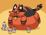 2020 4:3 belly big_belly digital_media_(artwork) feral generation_7_pokemon kizitoba lying nintendo on_front overweight pixel_(artwork) pokemon pokemon_(species) red_body solo torracat yellow_body