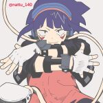  1girl absurdres artist_name audio_jack black_eyes black_jacket blunt_bangs boku_no_hero_academia earplugs fingerless_gloves gloves headphones highres jacket jiro_kyoka long_earlobes looking_at_viewer nattu_140 purple_hair red_shirt shirt short_hair smile solo white_background 