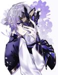  blue_eyes fate/grand_order fate_(series) fingerless_gloves flower gao_changgong_(fate) gloves hair_between_eyes highres kaa male_focus mask mask_removed open_mouth short_hair silver_hair solo 