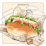  1girl absurdres aoyama_wasabi blush_stickers brown_hair cheese closed_mouth commentary feet food food_focus food_wrapper ham highres in_food interlocked_fingers ketchup lettuce long_hair lying mayonnaise mini_person minigirl on_back original own_hands_together sandwich soles solo steam symbol-only_commentary toes 