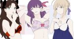  3girls arm_behind_head artoria_pendragon_(fate) babydoll blonde_hair blue_babydoll bra breasts brown_hair bun_with_braided_base cleavage commentary_request fate/stay_night fate_(series) green_eyes hair_bun hair_ribbon highres matou_sakura medium_breasts multiple_girls navel purple_bra purple_hair red_bra ribbon saber_(fate) single_hair_bun small_breasts suzuakks tohsaka_rin two_side_up underwear 