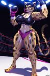 absurd_res anthro bodily_fluids bottomwear boxing boxing_gloves boxing_shorts boxing_tape camel_toe cheetah clothing felid feline female fighting_ring handwear hi_res ichimoral mammal muscular muscular_female nipple_outline shorts solo solo_focus sport strong_female sweat sweatdrop