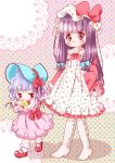  bag bangs bat_wings blue_bow blue_hair blunt_bangs blush bobby_socks bonnet boots bow candy child doily dress floral_print food hair_bow handbag hat hat_bow hat_ribbon high_heel_boots high_heels holding_hands jitome knee_boots lollipop long_hair long_sleeves looking_at_viewer mary_janes mob_cap multiple_girls patchouli_knowledge pink_dress pink_footwear polka_dot polka_dot_background print_dress purple_eyes purple_hair red_eyes remilia_scarlet ribbon shoes short_hair socks star starry_background touhou walking white_footwear white_legwear wings zatsuni 
