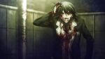  angry bags_under_eyes black_hair black_jacket blood blood_drip blood_from_eyes blood_on_clothes blood_on_face blood_on_hands blood_on_knife chaos;child clenched_teeth collared_shirt crazy crazy_eyes crazy_smile film_grain furious game_cg hekiho_academy hekiho_academy_uniform highres holding holding_knife holding_own_hair itou_shinji_(chaos;child) jacket knife lapels messy_hair necktie nosebleed notched_lapels official_art open_collar outdoors pale_skin red_eyes red_necktie sasaki_mutsumi school_emblem shirt short_hair smile teeth v-shaped_eyebrows white_shirt 