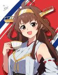  1girl ahoge black_eyes brown_hair colorful_background commentary_request cup detached_sleeves double_bun hair_bun hand_on_own_hip headgear highres japanese_clothes kantai_collection kongou_(kancolle) necono_(nekonosora1207) nontraditional_miko one-hour_drawing_challenge ribbon-trimmed_sleeves ribbon_trim smile solo teacup 